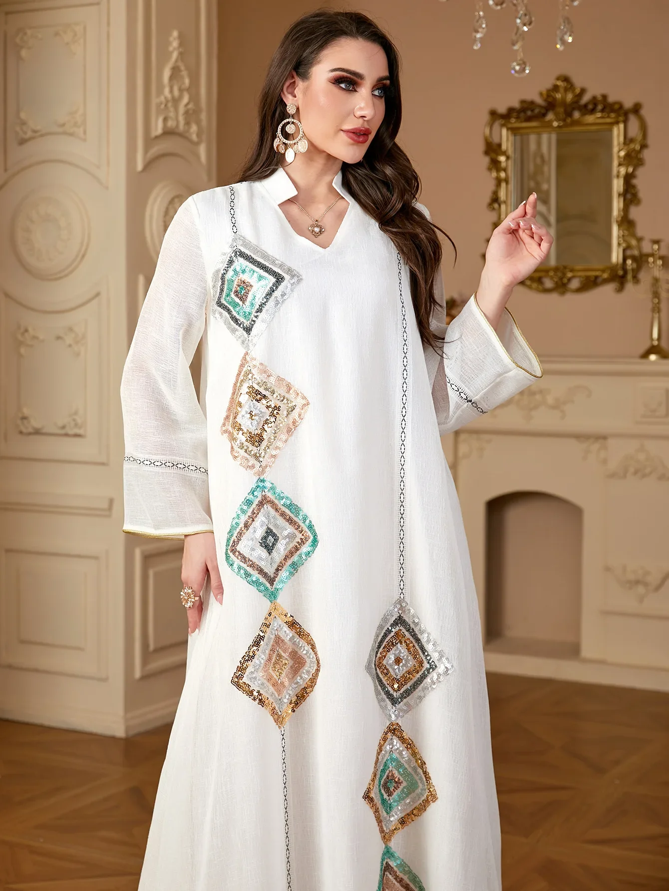 

Eid Mubarak Djellaba Sequin Abayas for Women Muslim Dress Turkey Kaftan Ramadan Islam Clothing Morocco Jalabiya Caftan Robe Gown
