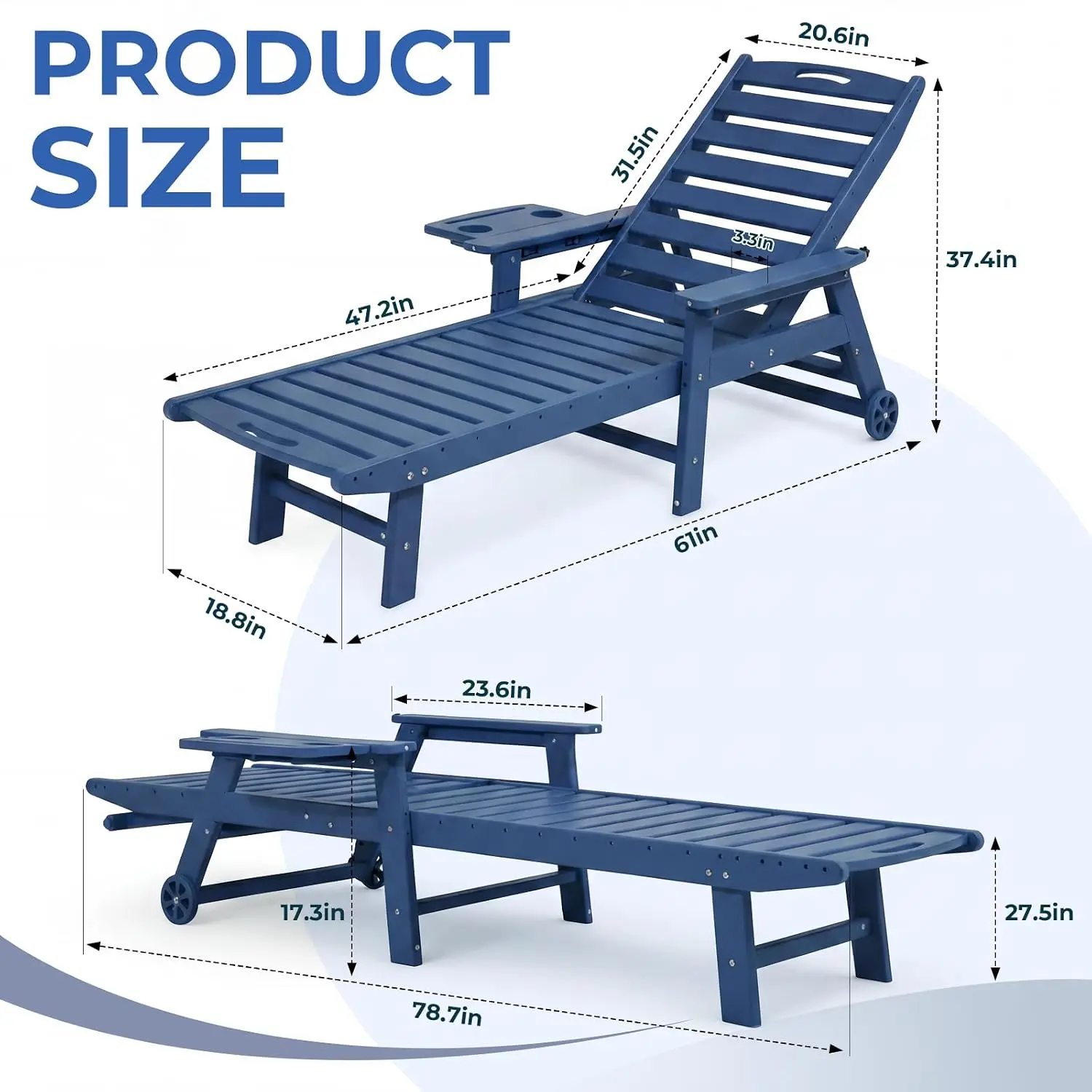 Outdoor Chaise Lounge Chair Set of 2, Navy Blue, Customized