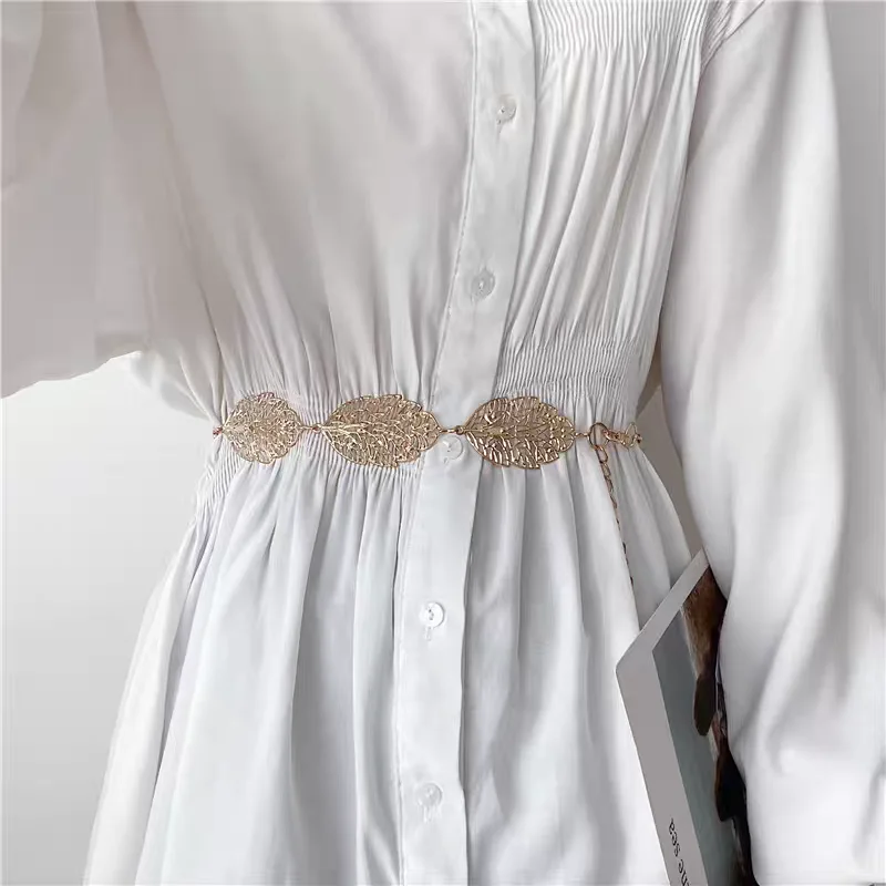 Fashion Women Metal Leaf Retro Adjustable Length Belt Popular Trend Belt for Dress Trousers Sweater Suit Pants Decorative
