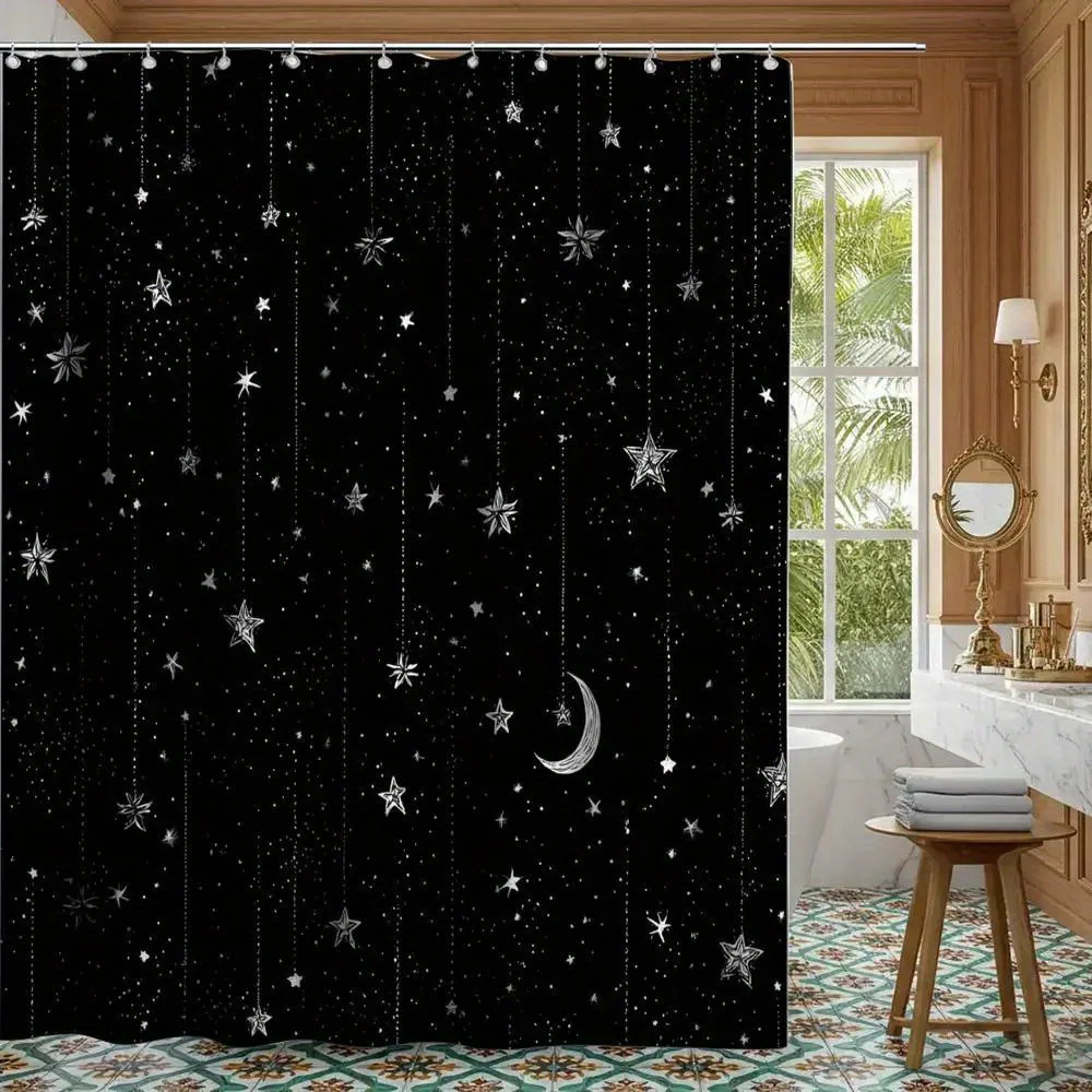 

Starry Night Shower Curtain Black Background White Stars Moon Pattern Waterproof Bath Decor Elegant Cosmic Bathroom Curtains