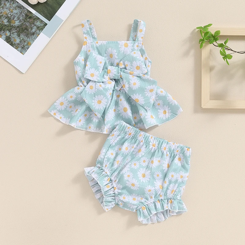 Blotona Newborn Baby Girls Summer Shorts Sets Sleeveless Daisy Print Bow Cami Tops PP Shorts Sets