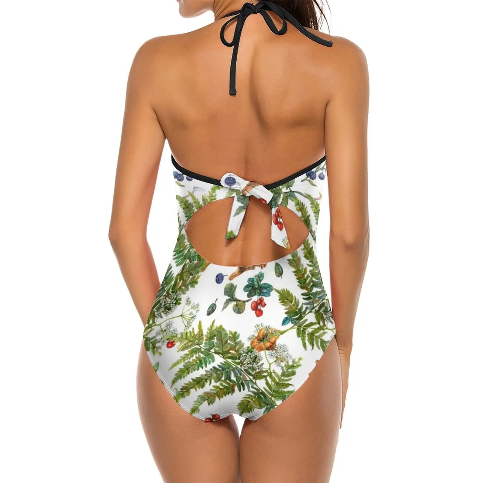 Forest Ferns , Berries And Mushrooms Black Mesh Swimsuit One Piece Backless Swimwear Sexy Beach Wear Summer Bathing Suits