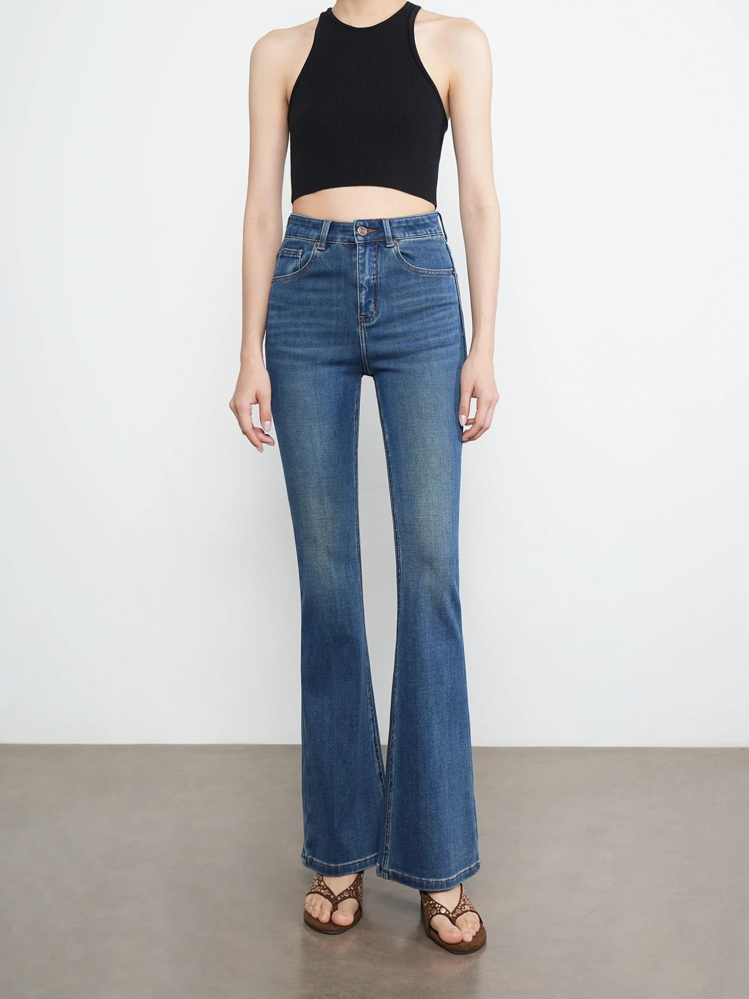 

Slim Fit High Waist Bell Bot Jeans Women's Casual Cotton Stretch Denim Blue Color Four Sided Elastici Daily Wear