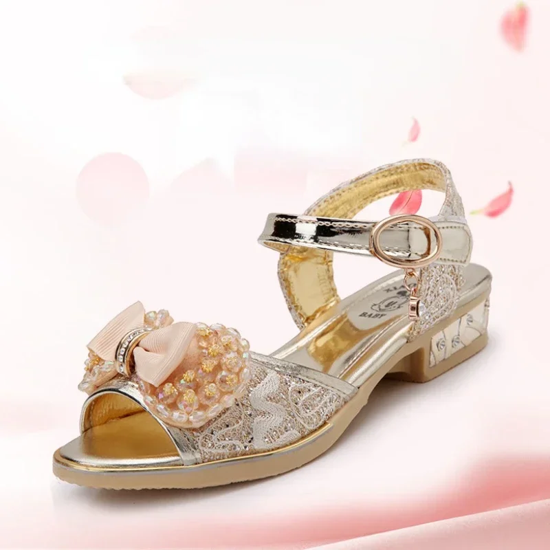 Girls Princess Shoes Summer Children High Heels Open-toe Party Wedding Toddlers Sandals Non-slip Kids Causal Sequins Beach Shoes