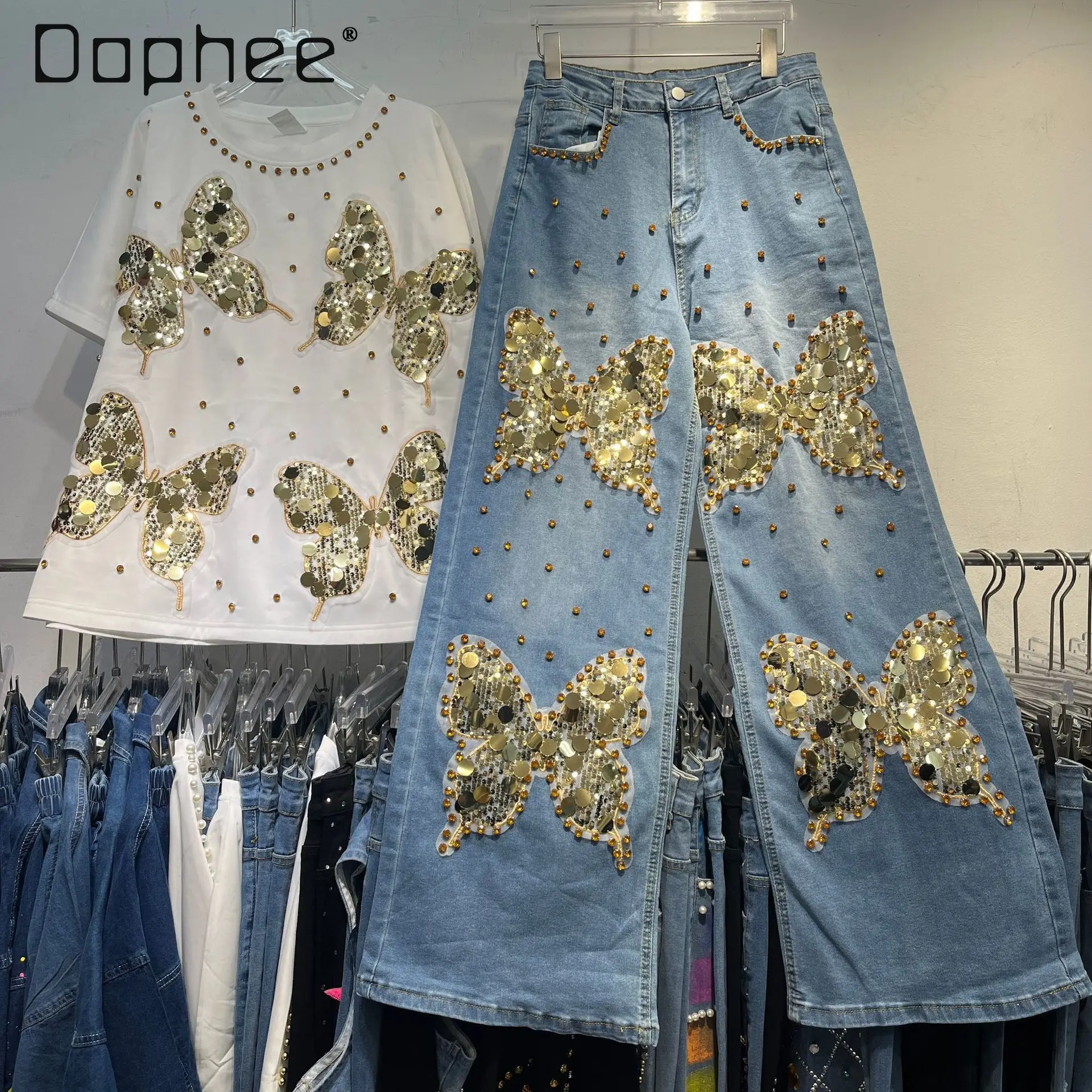 

European Bead Round Neck Short-sleeved T-shirt Heavy Industry Butterfly Sequined Wide-leg Pants Two-piece Set Casual Denim Suit