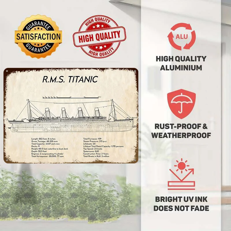 RMS TITANIC Tech Spec Tin Poster Customized Wall Art Retro Vintage Metal Signs for Fans Room Bathroom Decor Interior Accessories