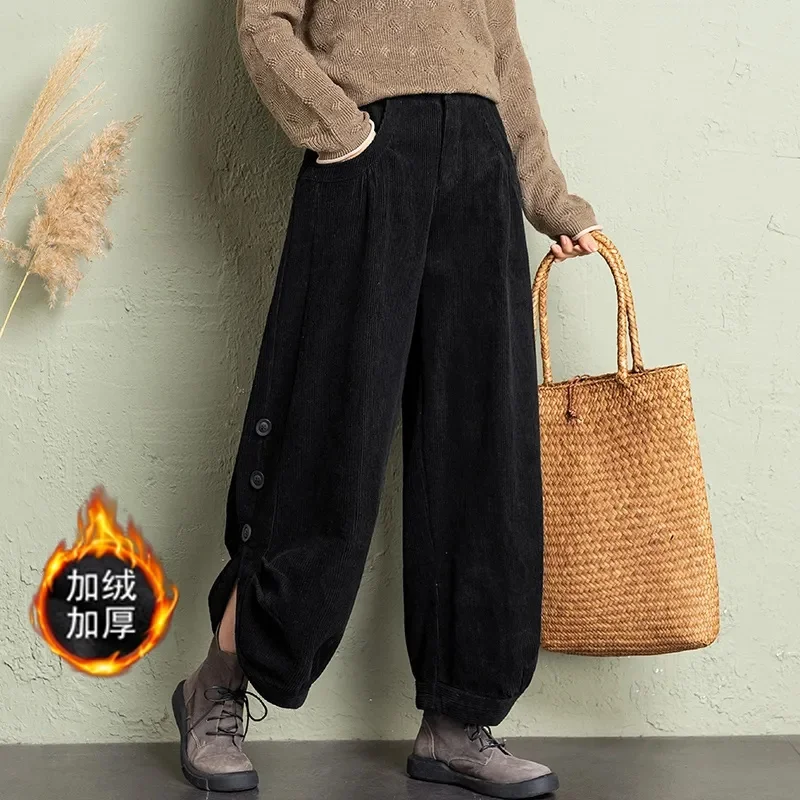 سروال قصير كوري للنساء خريف شتاء قطيفة دافئة فضفاضة غير رسمية سراويل حريم ريترو عالية الخصر زر ملابس الشارع بنطال ذو قصة أرجل واسعة #3