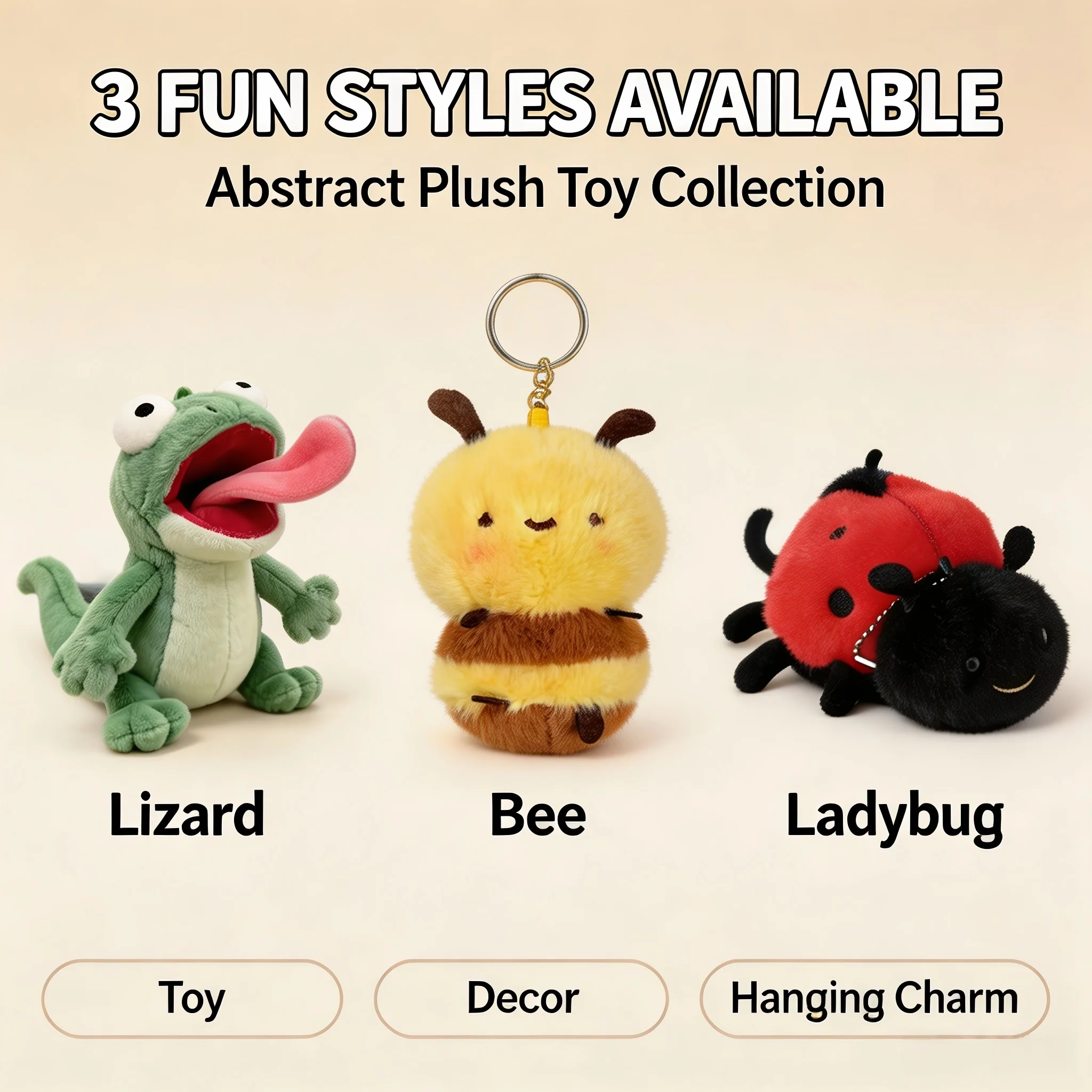 1pc Sound Producing Stuffed Animal Toy Abstract Lizard Bee Ladybug Plush Doll Stress-Relief Desk Ornament Hanging Charm Keychain