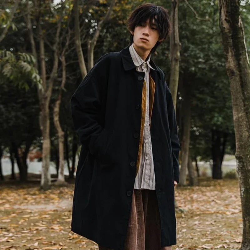 Young Men's Japanese Retro Loose Trench Coat Solid Color Minimalist Couple's Jacket Mid Length for Spring Autumn​