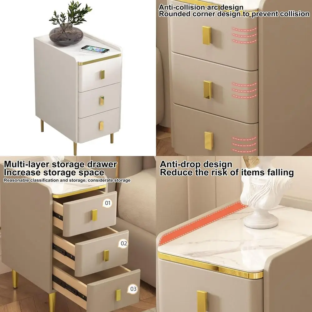 sleek minimalist drawer nightstand, mid-century modern style microfiber leather end table with metal legs for bedroom and living