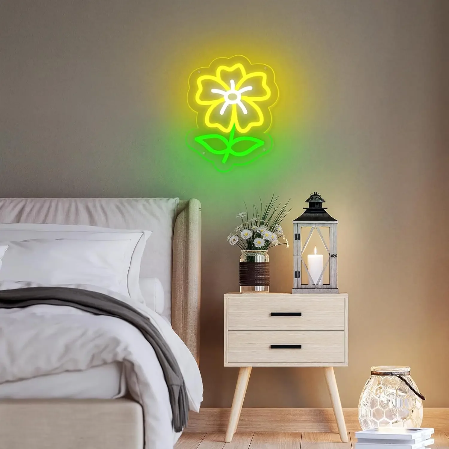 Flower Neon Sign Yellow Bloom Green Leaf LED Wall Art Acrylic USB Powered Dimmable Light For Bedroom Living Room Party Decor