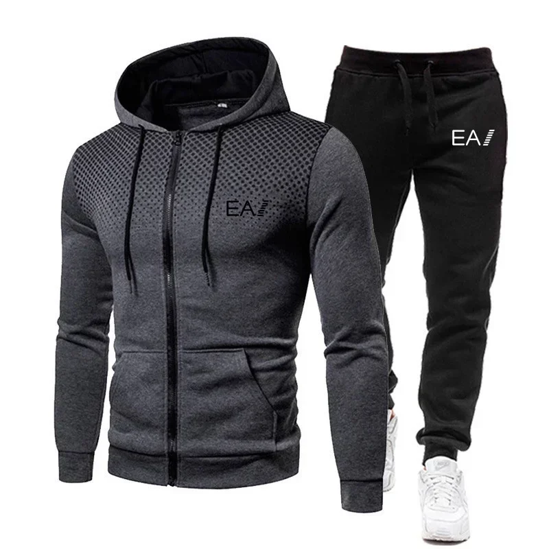 

Men's sweatshirt set, sportswear, fitness fashion, casual outdoor hooded zipper jacket + jogging pants two-piece set