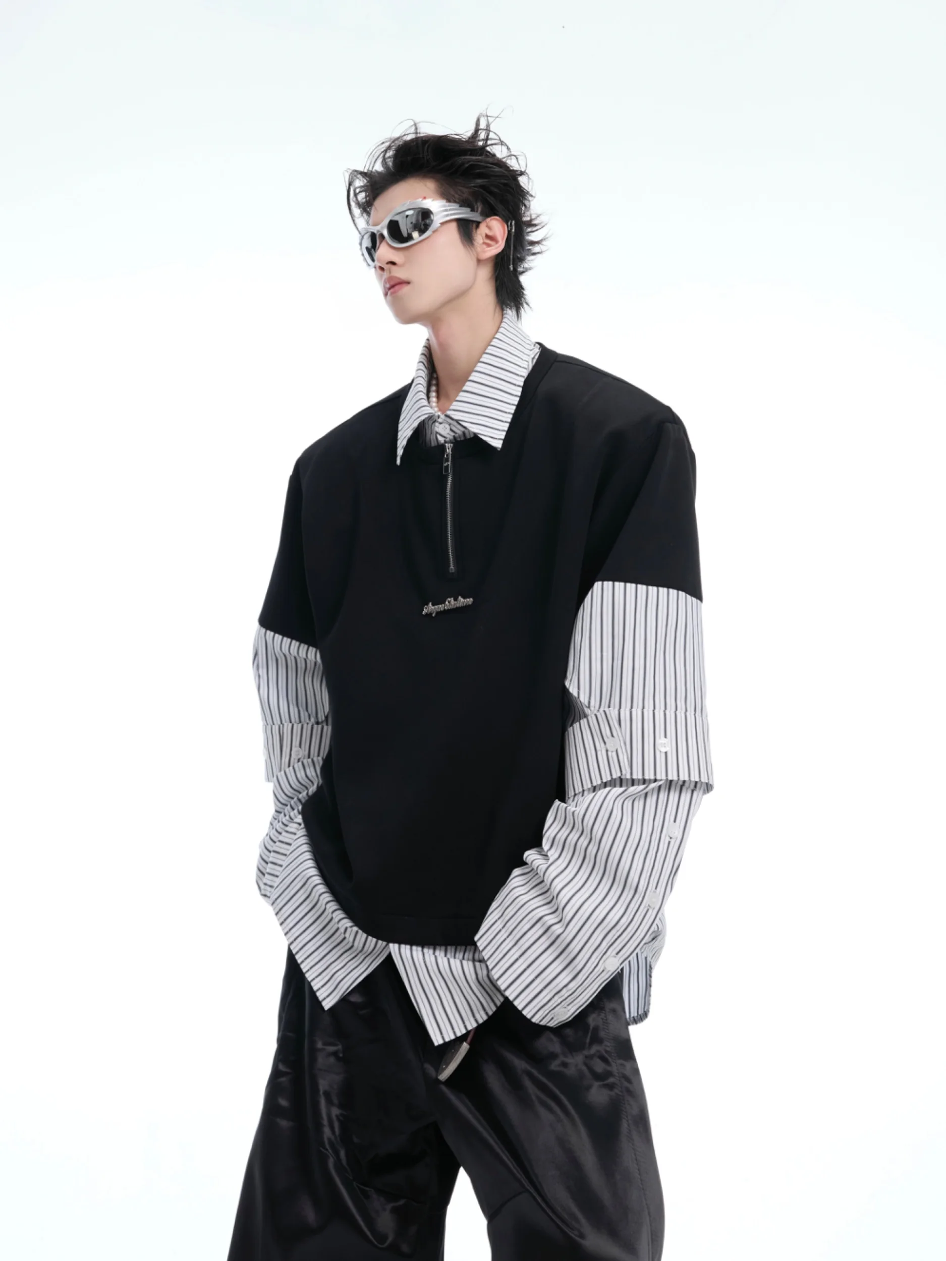 ArguE CulturE Retro Striped Loose Fit Long Sleeve Men's Shirt Elegant Fake Two-Piece T-Shirt Breathable Polyester Cotton Blend