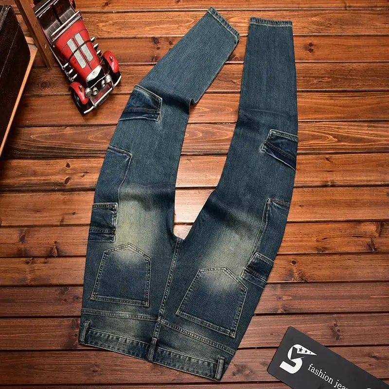 High-end Retro Nostalgic Men's Jeans with Multiple Pockets, Stretch Slim Fit, Fashionable Trendy Versatile Motorcycle Long Pants