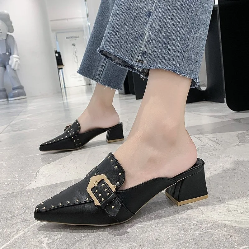 Women's Slippers Summer New Pointed Mid-heel Riveted Head Half Drag Fashion Comfortable Increase Commuter Sandals