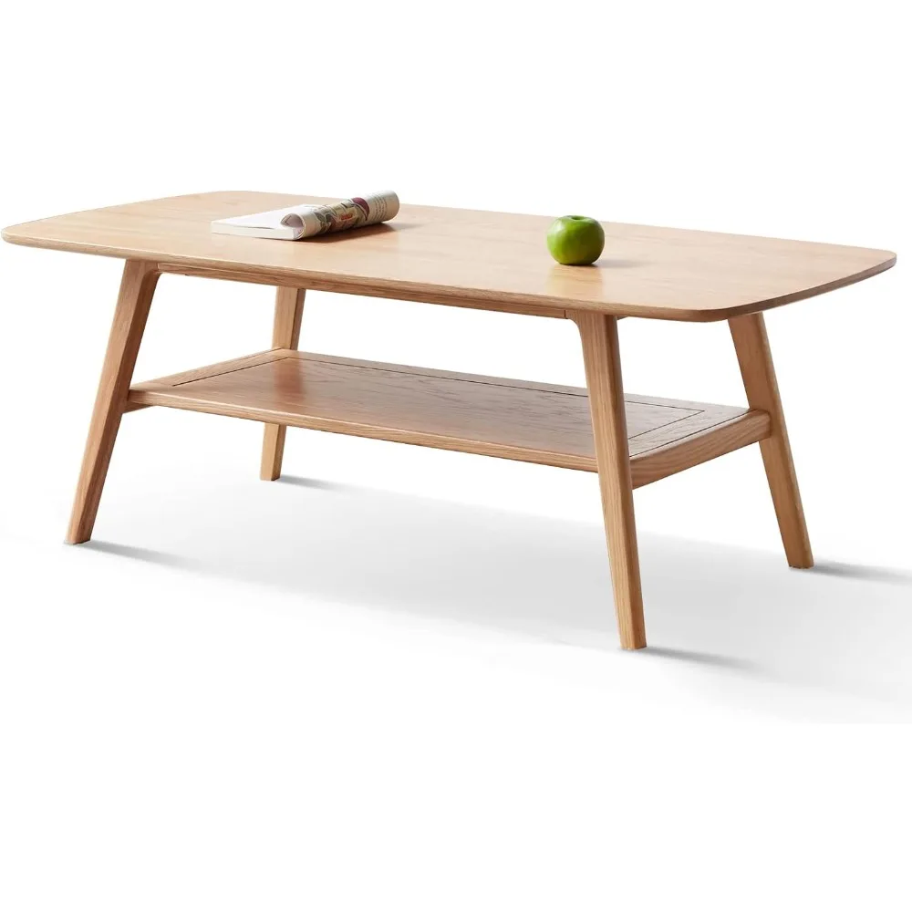 

Modern Solid Wood Coffee Table, 2-Tier Small Wooden Coffee Table with Storage Shelf for Living Room, Apartment, Office, Natural