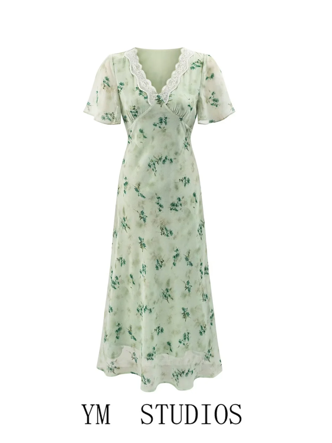 Rustic Style V-Neck Lace Splicing Green Floral Print Short Sleeve Waist-Cinched  Chiffon Dress for Women Casual Wear