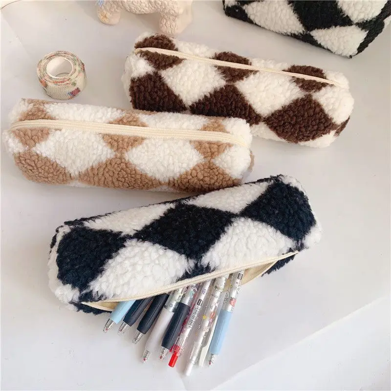 Fashion Plush Stripe Style Pencil Case Large Capacity Pen Bag Cosmetic Pouch Storage Box Student School Stationery Supplies