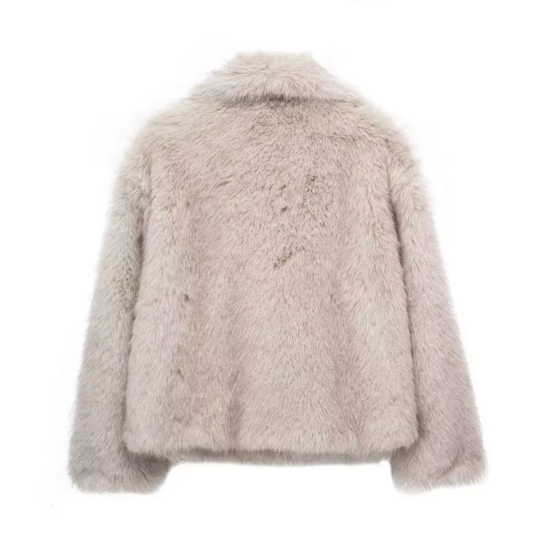 TRAF 2024 Women Fashion Warm Faux Fur Jacket Coat Female Pocket Outerwear Chic Lapel Collar Thick Coat