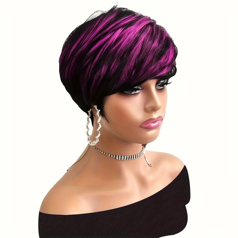 1B/Purple Color Straight Human Hair Wig With Bangs Pixie Cut Straight Human Hair Wig Full Machine Made Wig