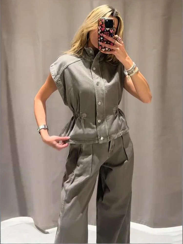

Women's Chic Wide-Leg Pant Suit Sets Or Female Denim High Neck Sleeveless Slim Vest Tops Or Lady Pleated Long Trousers