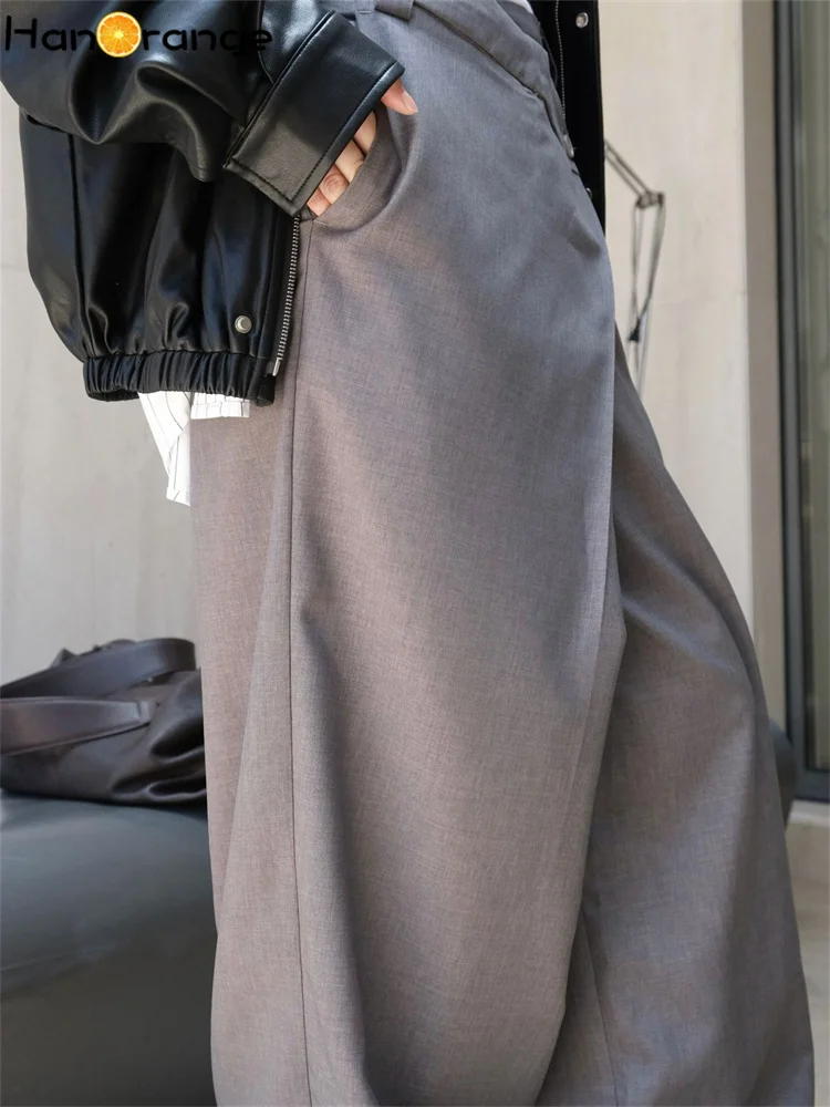 HanOrange 2024 Autumn Wide Legs Diagonal Front Placket Pants Women Loose Self-willed Trousers Gray