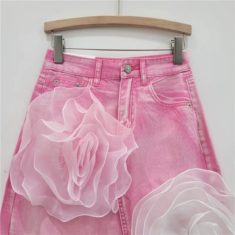 Luxus Gespleißt Mesh 3D Blume Asymmetrische Split Raw Saum Denim Röcke Hohe Taille Ausgestattet Solide Rosa Blau Rock Für Frau Herbst