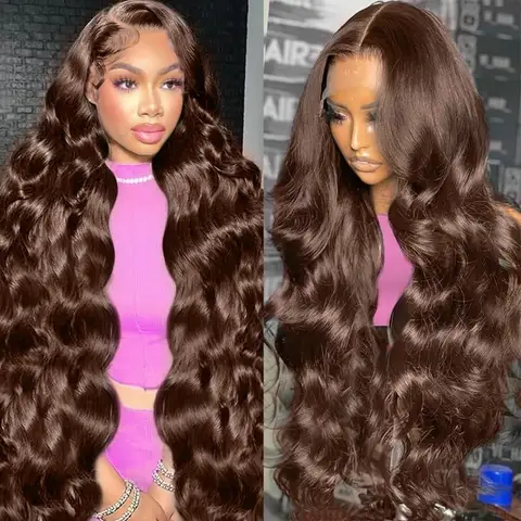 36 Inch Body Wave Human Hair Wigs Chocolate Brown 13X6 Hd Lace Frontal Wig 100% Human Hair 250 Density Pre Plucked Brazilian Wig