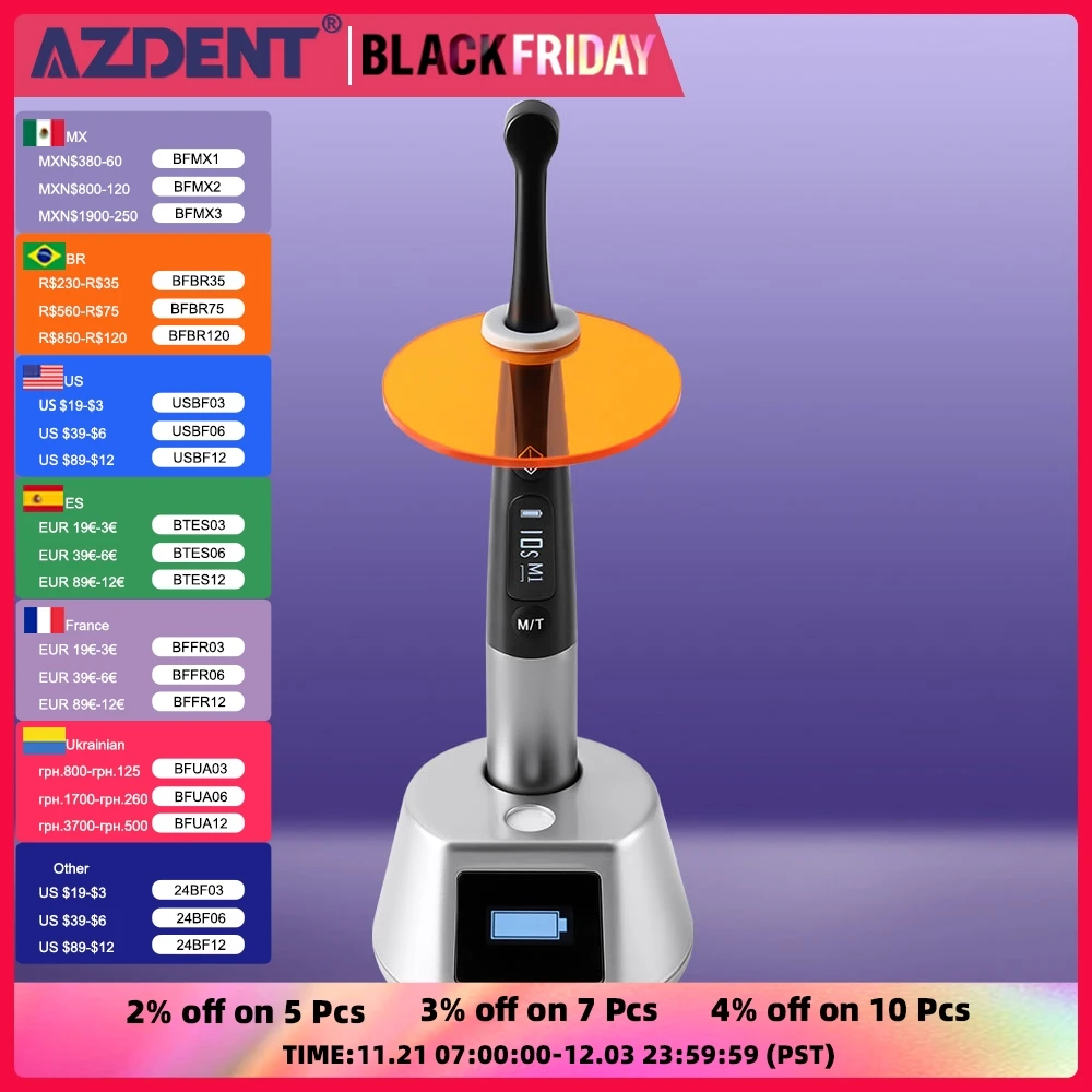 Dental Led Curing Light AZDENT 1 Sec High Power Curing 7 Modes Intensity 1000mW/cm²-3100mW/cm² Dentistry Cure Lamp