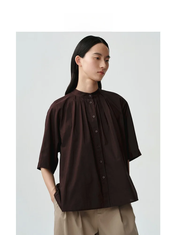 

Indicia Summer New Loose Fit Cotton Shirt Casual Style Pleated Design Lazy Style round Neck Short Sleeve Pure Color Button Cl...