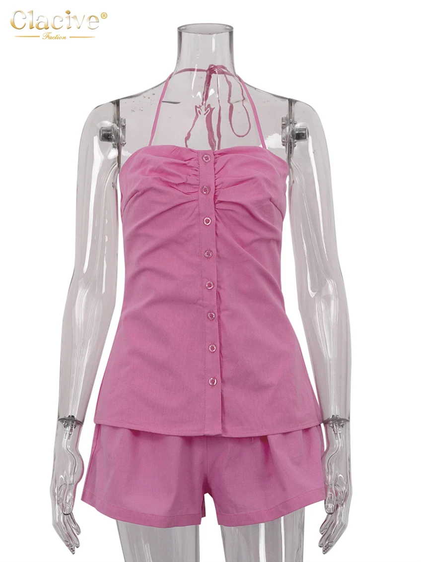 Clacive Sexy Slim Pink Cotton 2 Piece Set Women Outfit 2024 Bodycon Halter Sleeveless Tank Top With High Waist Shorts Set Female