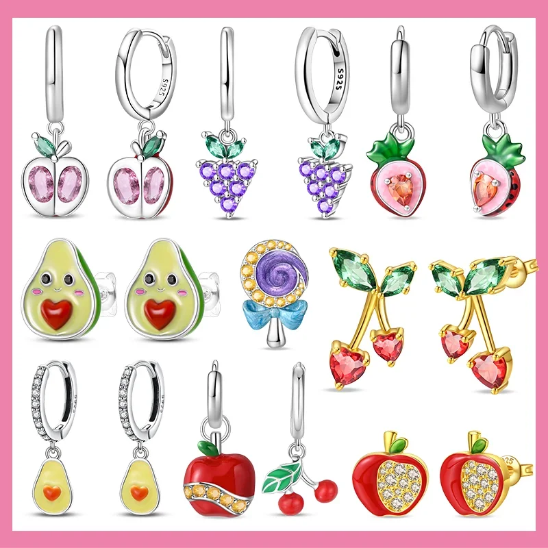 New S925 Silver Fruit Series Apple Heart Cherry Colorful Zircon Earrings for Women Suitable for Daily Matching, Birthday Gifts