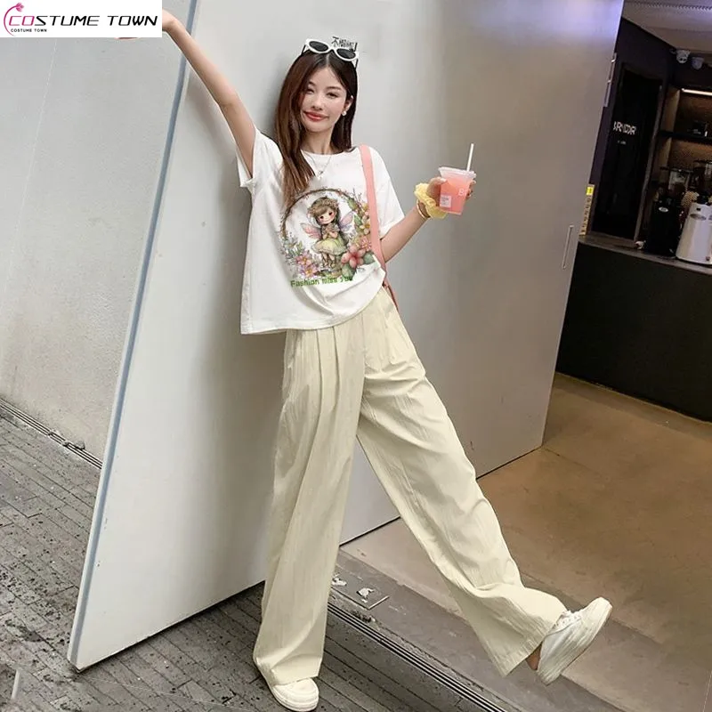 

Spring and summer women's set fashionable casual printed top+Yamamoto pants wide leg pants two-piece set for women