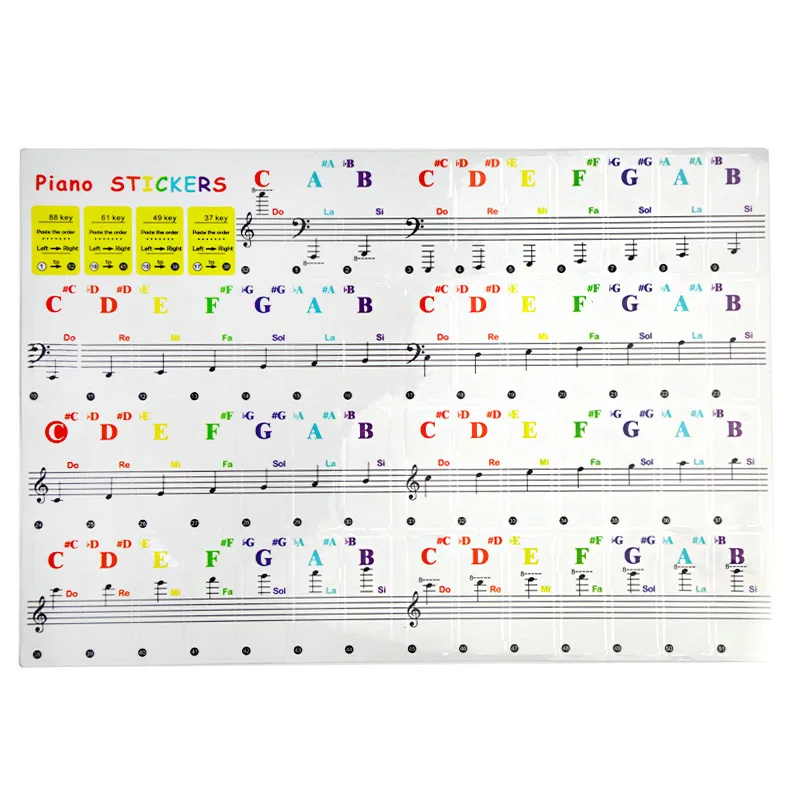 Autocollants transparents pour piano,étiquettes adhésives de couleur avec symboles de portées, pour clavier électronique, pour touches blanches,