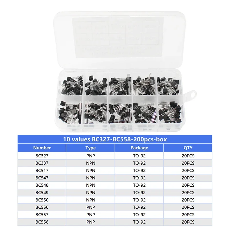 200PCS TO-92 NPN PNP Transistor Assorted Set BC327 BC337 BC517 BC547 BC548 BC549 BC550 BC556 BC557 BC558 Transistors Kit image 2