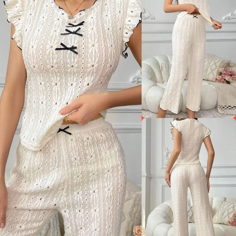 Summer New Texture Fabric Svel Floral Women's Nightgown Set Long Pants round Ne Home Clothes Sweet Cute Sle