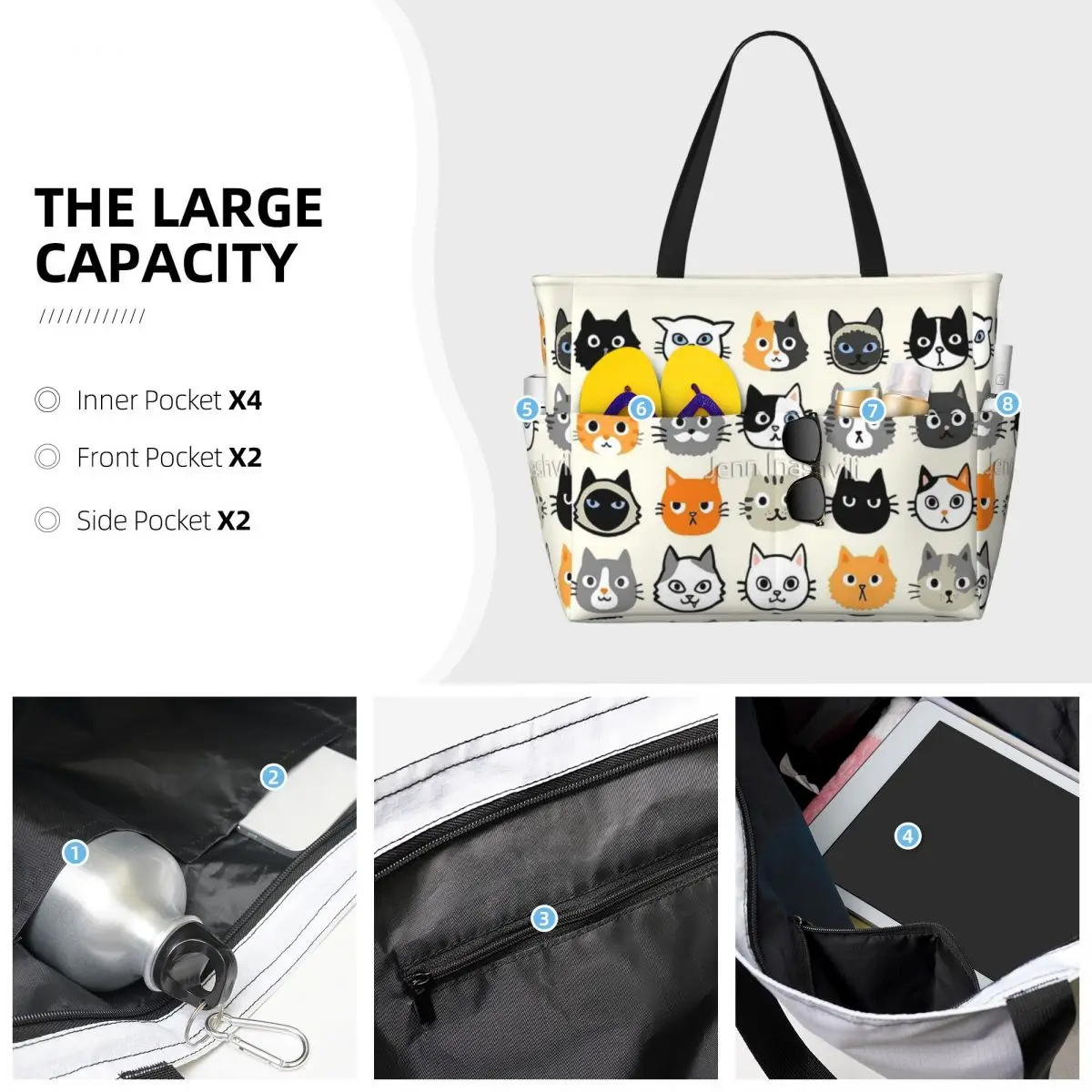 Facce di gatto assortite borsa da viaggio da spiaggia con gattino eccentrico carino, borsa Tote regali pratici moderni regalo di compleanno modello Multi-stile