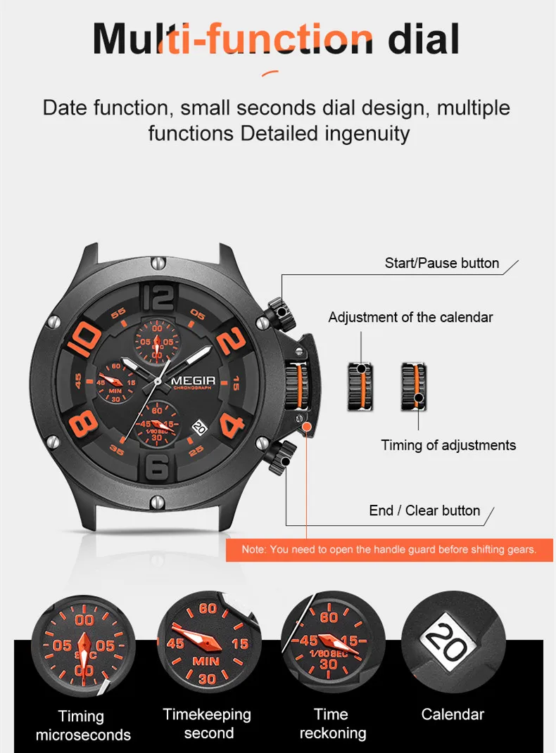 MEGIR Black Silicone Sports Watch Men Military Quartz Wrist Watches Waterproof Luminous Calendar Chronograph Clock Reloj Hombre