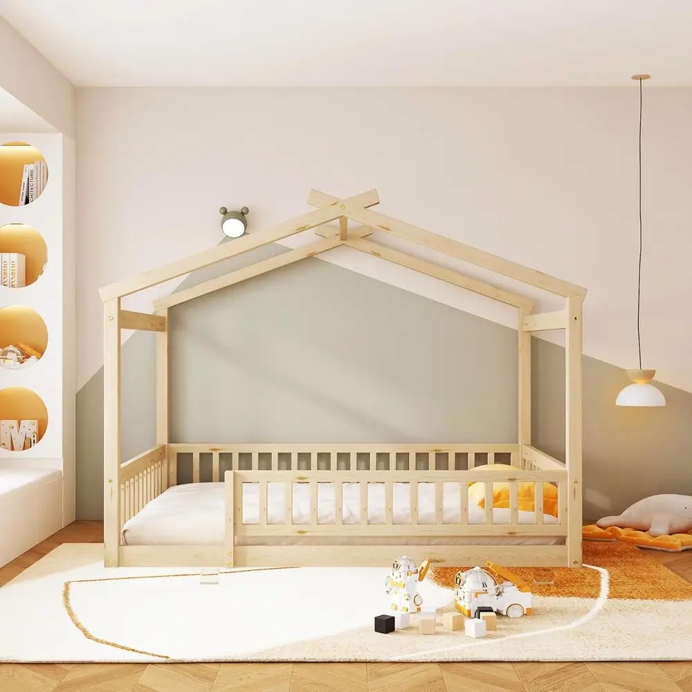 

House-Shaped Daybed for Kids - Natural Wood Floor Bed for Girls, Boys, Teens