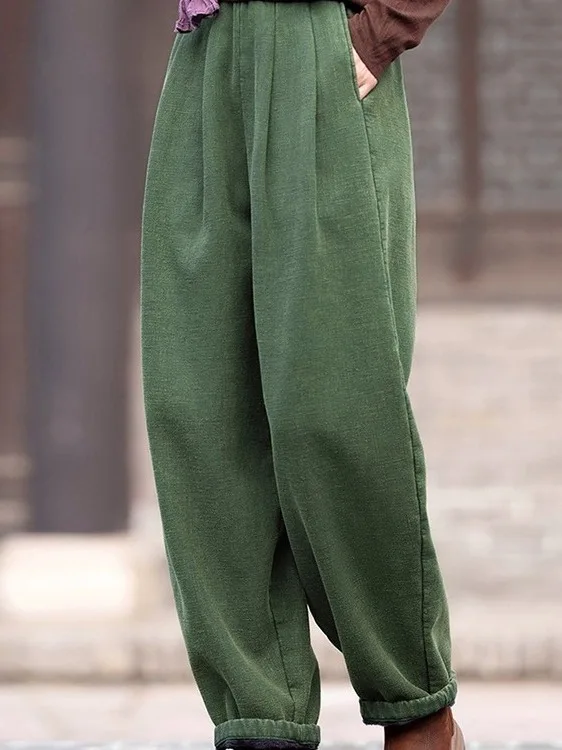 Authentic Thickened Casual Loose Cotton Linen Pants Autumn Winter Wide Leg Pants Fleece Lined Lantern Pants for Middle-Aged W...