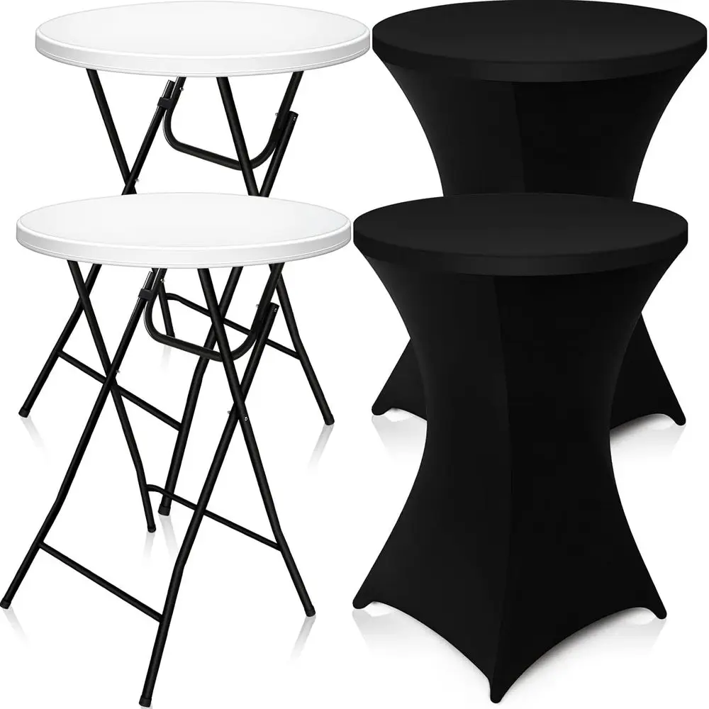 

2 Sets 32" High Top Round Folding Cocktail Tables White Bar Height with Removable Legs & 32"x43" Spandex Stretch Table Covers (B