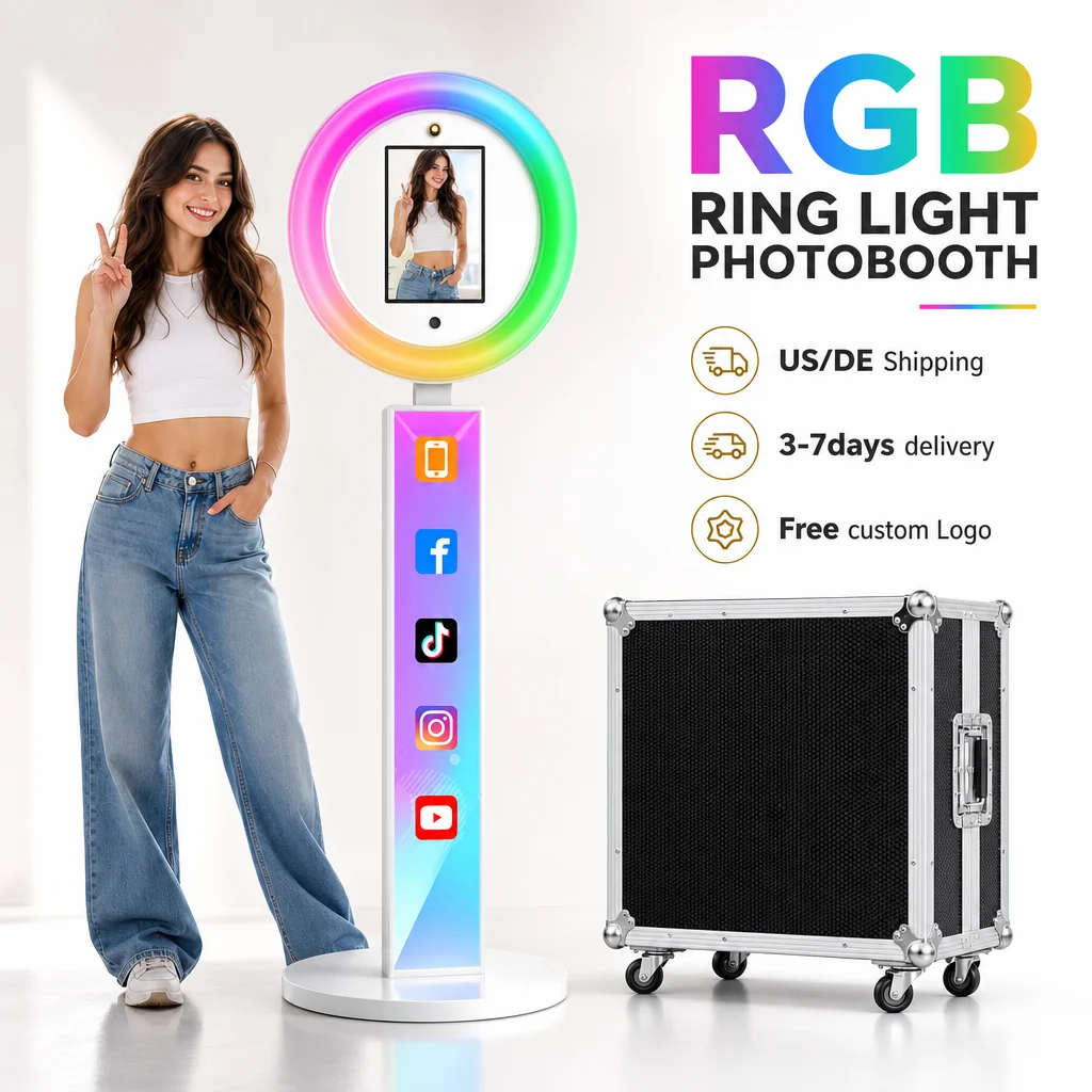 

Portable iPad Photo Booth Selfie Stand RGB Ring Lights Photobooth Machine For Birthday Party Wedding App Voice Remote Control
