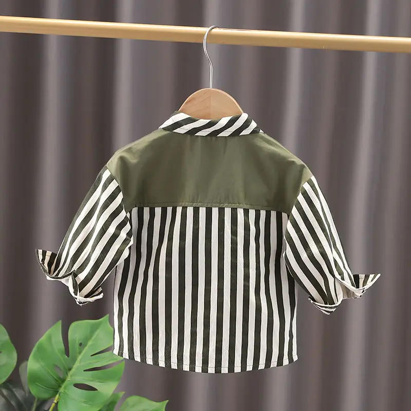 2023 Spring New Boys Clothing Long Sleeve Lapel Striped Cartoon Pattern Printed Children Korean Version Trend Fashion Top Shirt