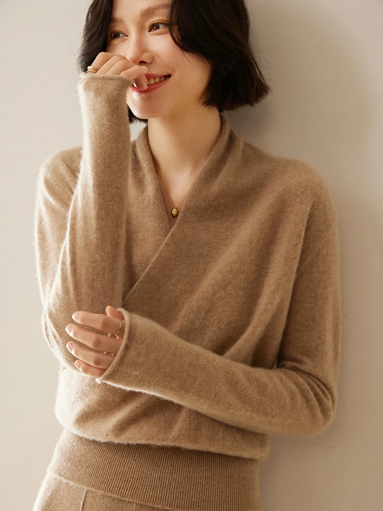 

Luxury Women's 100% Cashmere Knitwear Elegant Sweater Autumn Winter V-neck Pullover Office Lady Clothing Soft Warm Chic New Tops