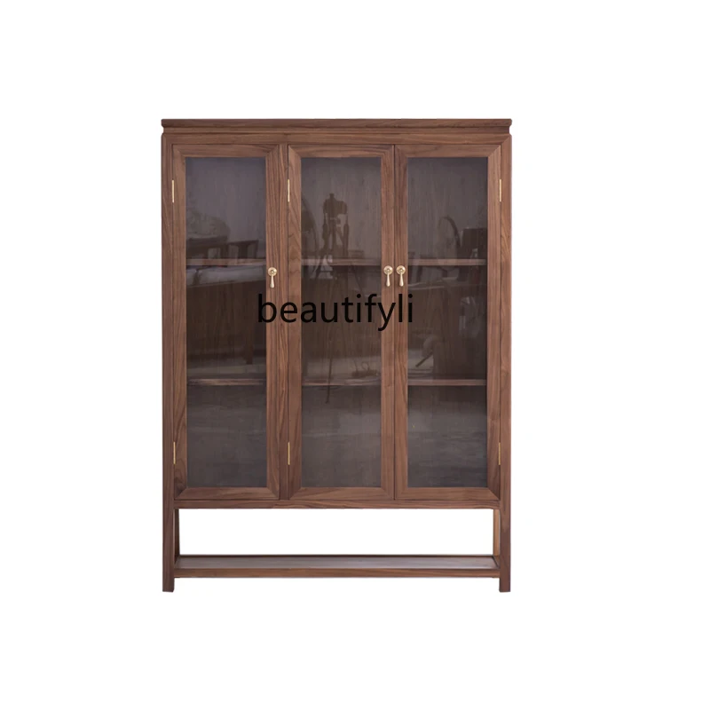 

Chinese-Style Glass Bookcase Locker Old Elm Antique Shelf Bookshelf Dustproof Study Furniture