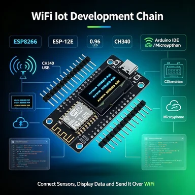 ESP8266 ESP-12F NodeMCU Board 0.96 Inch OLED Display, CH340 Driver, Type-C USB, IoT WiFi Module for Arduino/Micropython