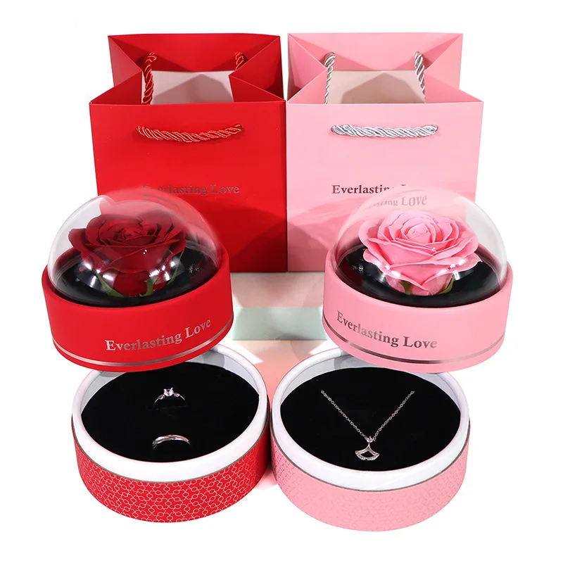 Round Eternal Rose Flower Jewelry Box Romantic Necklace Ring Storage Display Boxes Marriage Party Valentine's Day Gift Packaging