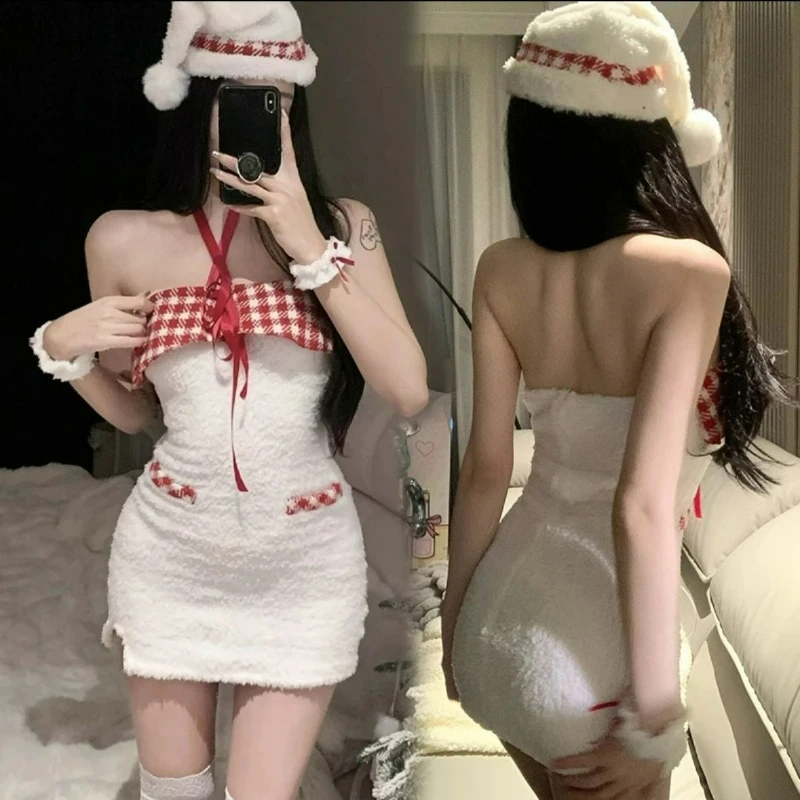 

Autumn/Winter New Style Fashionable Sexy Plush Hip-hugging Short Skirt Christmas Red White Checkered Strapless Dress for Women
