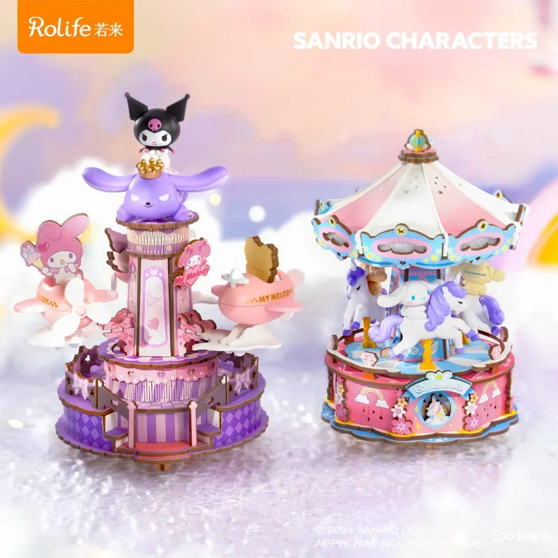 Sanrio blocos de construção de madeira diy casa caixa de música decoração de mesa quebra-cabeça montagem modelo brinquedos presentes de aniversário para crianças