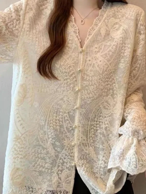 French Style Long Sleeve Women's Shirt Beautiful Lace Trim Floral Print Chiffon Top Versatile Elegant Fashionable Spring Autu...